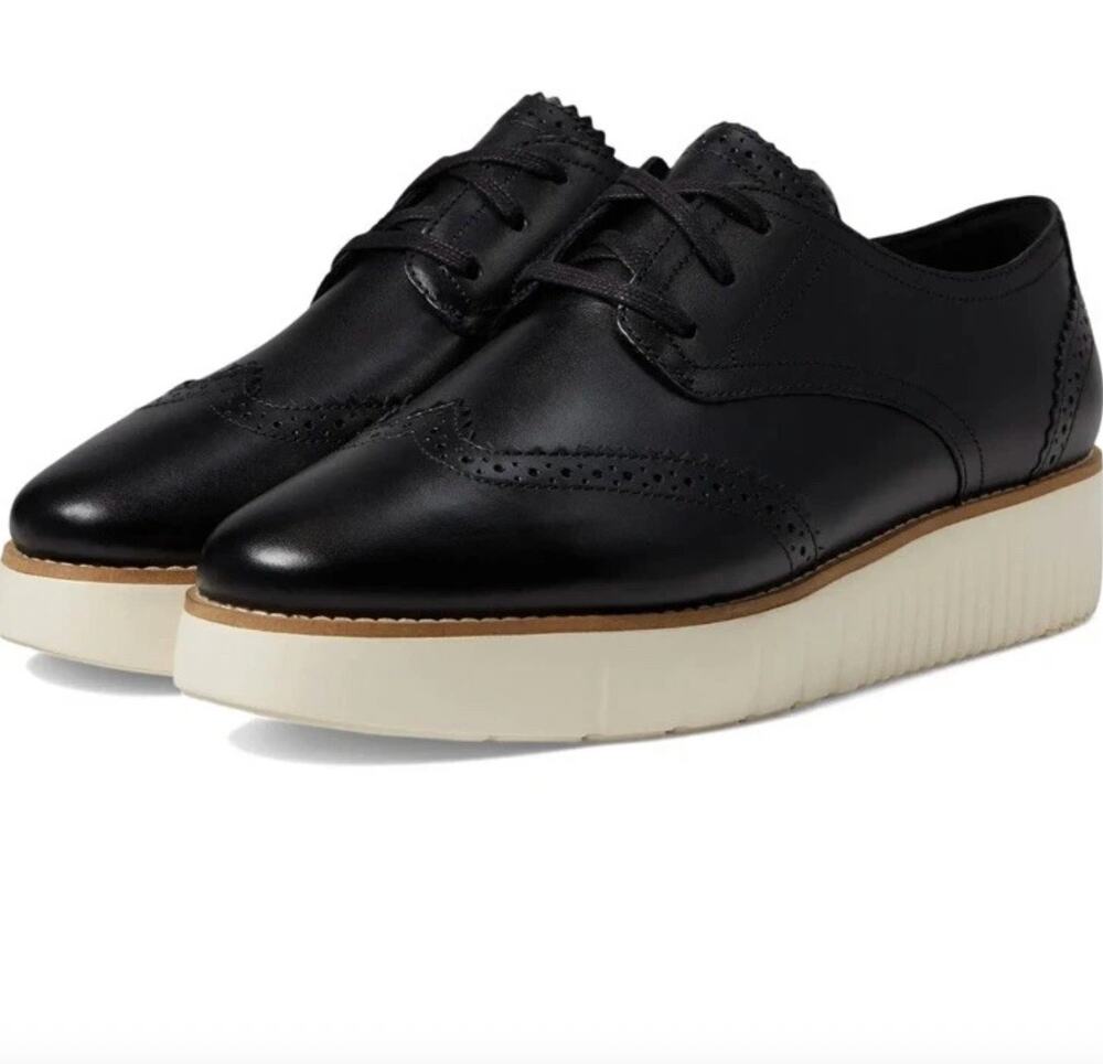 New Cole Haan Grand City Platform Oxford Women Size 9B Black Ivory Leather
